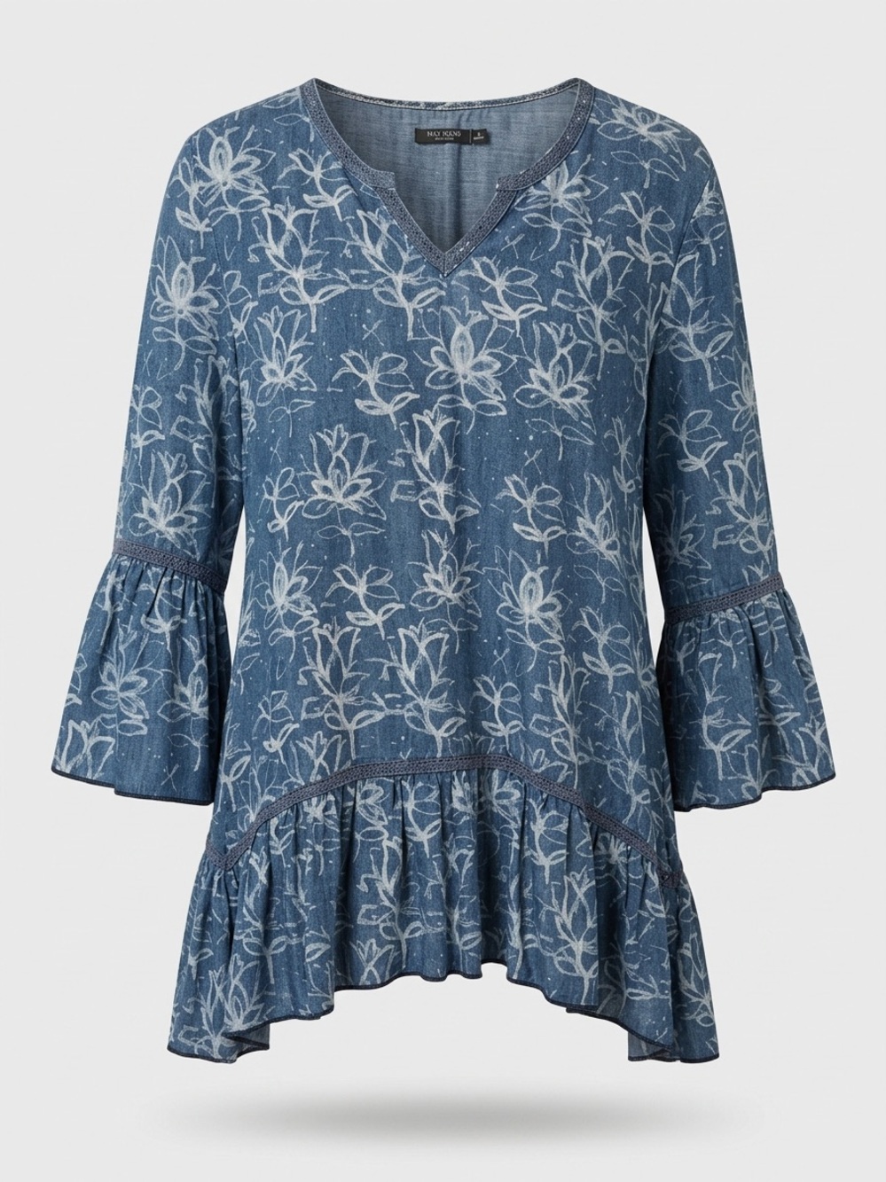 Max Jeans Blue Denim Look Floral Ruffle Bell Sleeve Tunic Top Size Large - Picture 5 of 5
